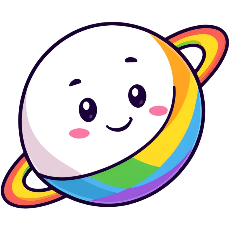 round planet with rainbow stripes in all colors and a cute happy face emoji