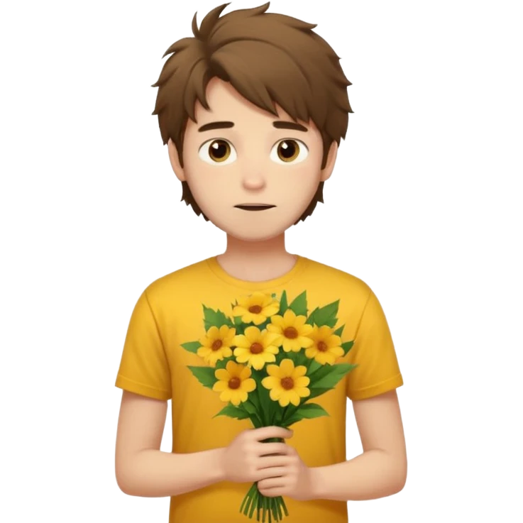 generate an ios genmoji of a 20 year old fair boy with brown long and messy hair with faint beard on cheeks. carrying a flower bouquet, wearing a yellow tshirt, looking shy.  emoji