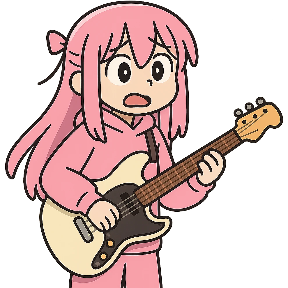 Bocchi the Rock in a pink costume with a guitar emoji