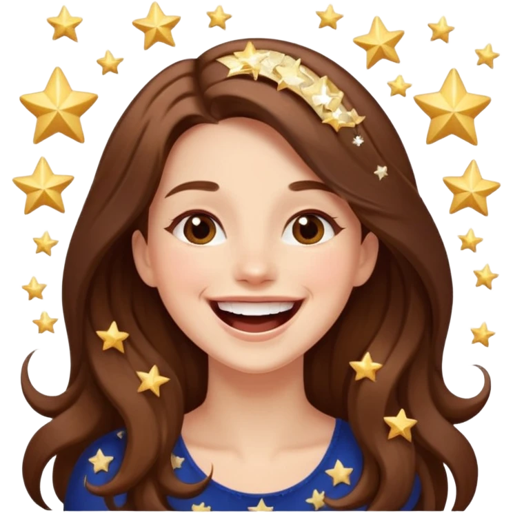 woman with long brown hair laughing with stars and sparkles, light beige emoji
