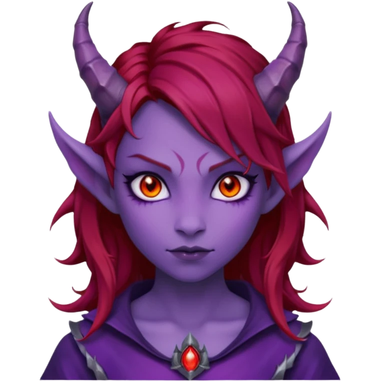 Demon Girl Purple Skin Dragon Horns Black Eyes Red Glowing Pupils Auburn Haired Red Shirt  emoji