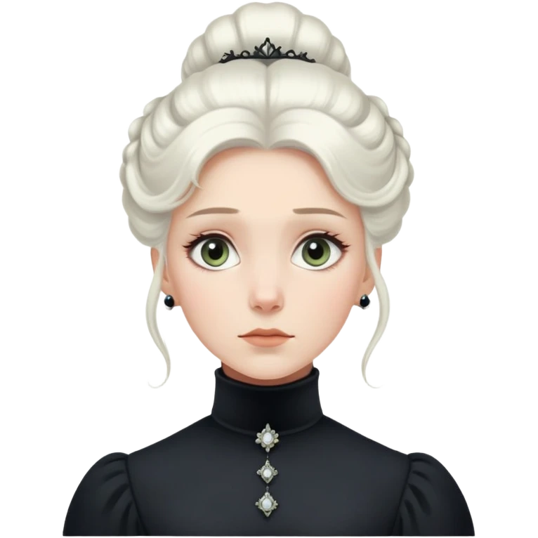 Victorian-era white woman with white coiffed hair, light eyes, wearing a simple dark turtleneck Victorian gown, with a dropped jaw in awe and wonder emoji