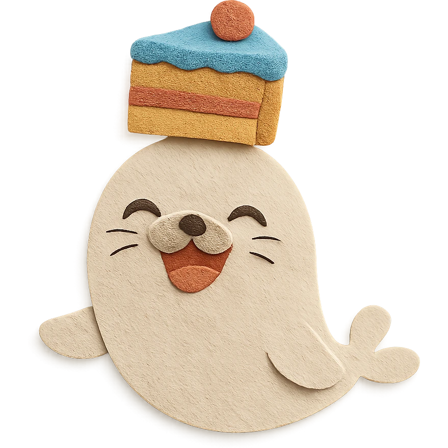 cutie baby seal balancing cake on head with laughing face in paper-craft style emoji