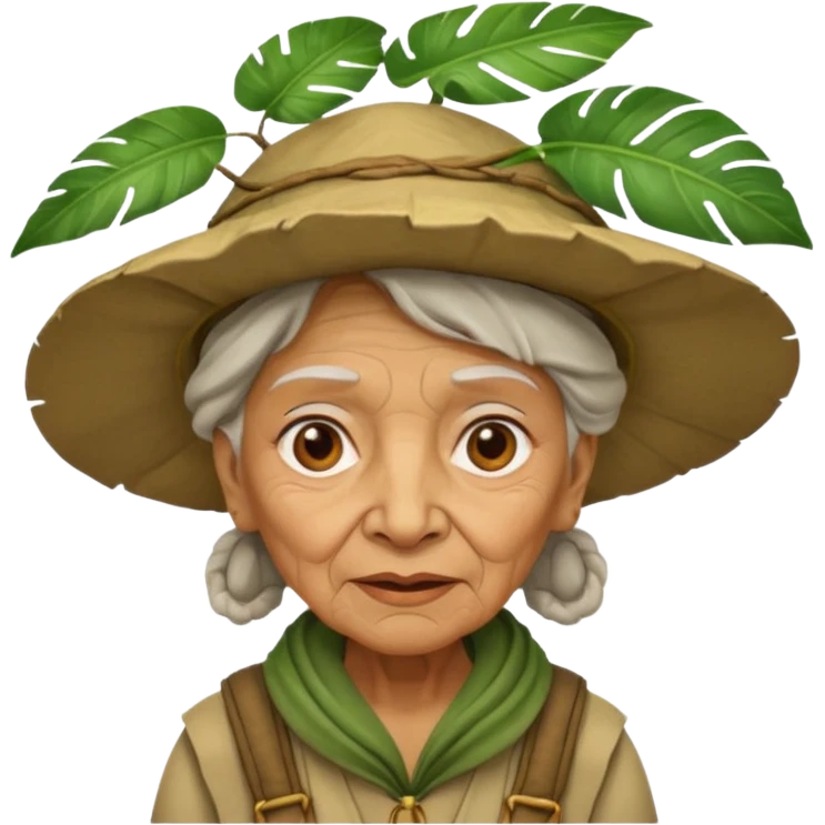 a old woman explorer with jungle wearing a large leaf headgear bye  emoji