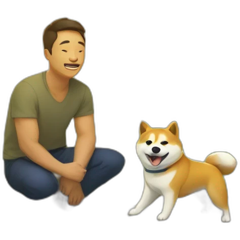 On a sunny day, a man squats by a stream, accompanied by a loyal Shiba Inu. emoji