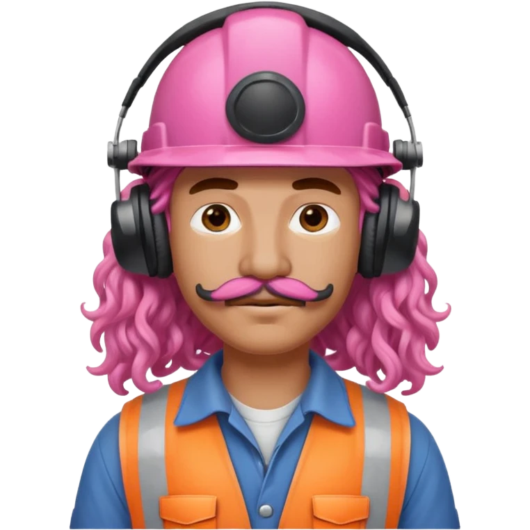 construction worker with pink long curly hair and protective headphones and mustache emoji