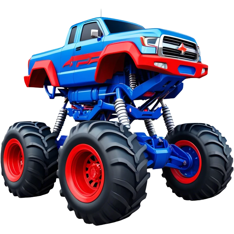 Avenger - Monster Jam (Model Year: 2021) (Iconic colour: Blue and red) - A dynamic monster truck with a split-color scheme: predominantly blue accented by bold red elements. Focus on strong, angular lines and vivid contrasting colors that evoke high energy and a futuristic, rebellious style. emoji