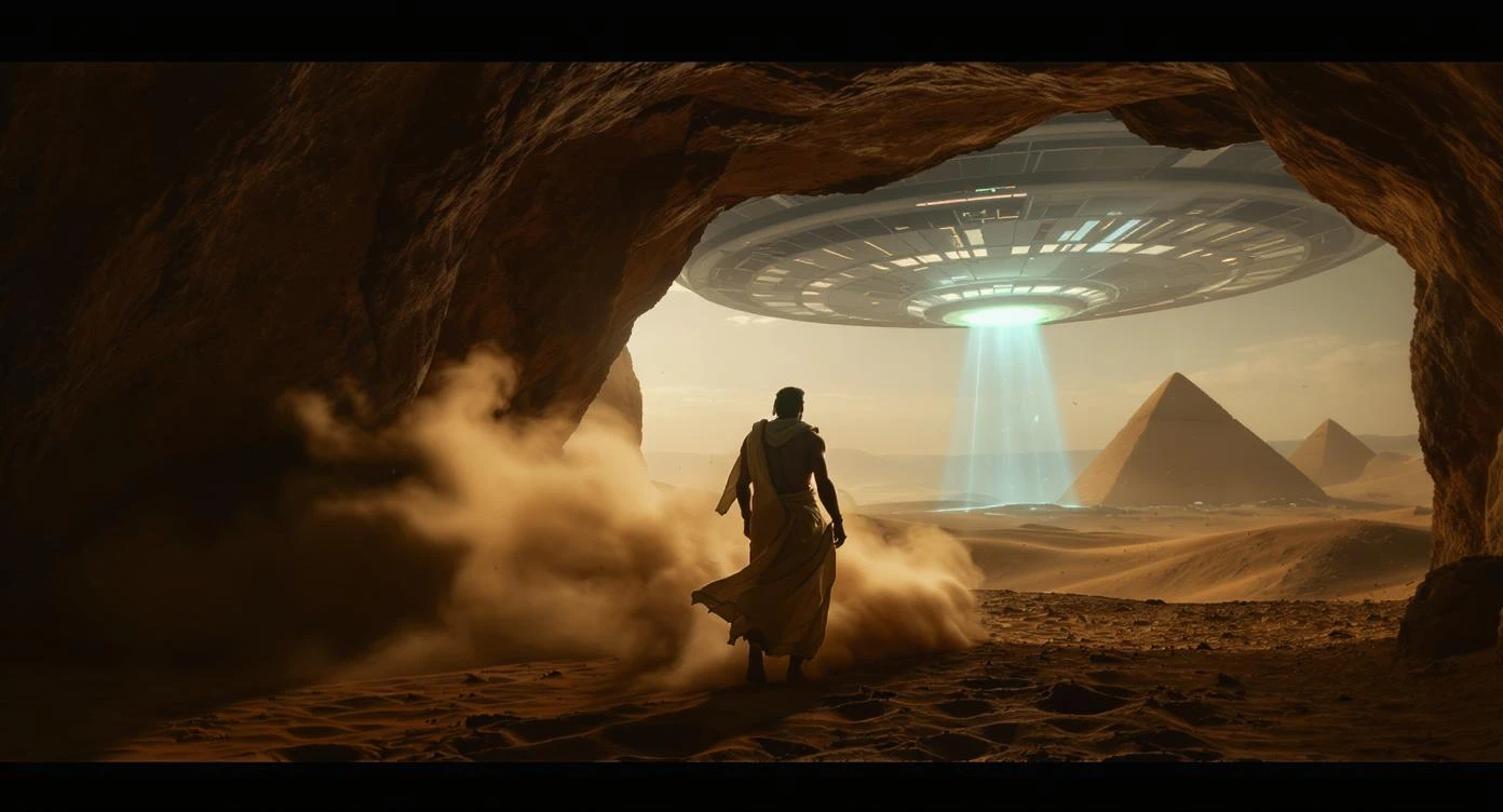 cinematic still, documentary photography, acient egypt, back shot of a man dress in ancient clothes in cave (frame in frame effect) on ground laying front of ufo starship, sand flying around, dynamic scane, leading lines, captured by arri alexa, depth layers, piramids in babckground emoji