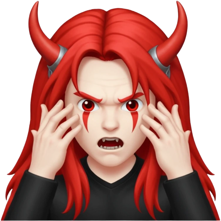 Long haired headbanging with hands in devil horns position emoji