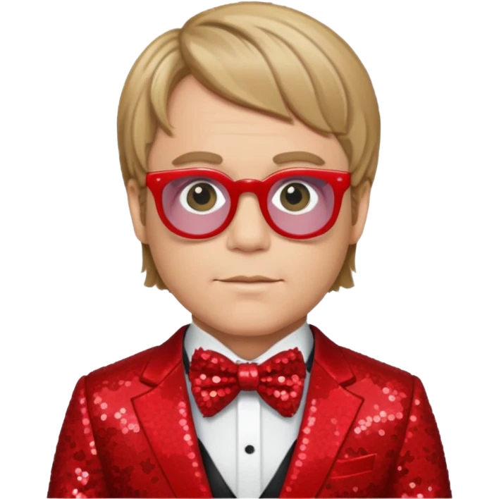 Elton John with dark blonde hair, red sequin suit with bow tie emoji