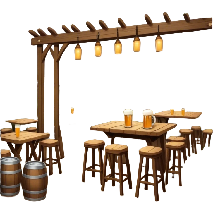 Cinematic Realistic Biergarten Pop Culture Emoji, showcasing a charming outdoor beer garden scene rendered with rustic details and inviting, soft lighting. emoji