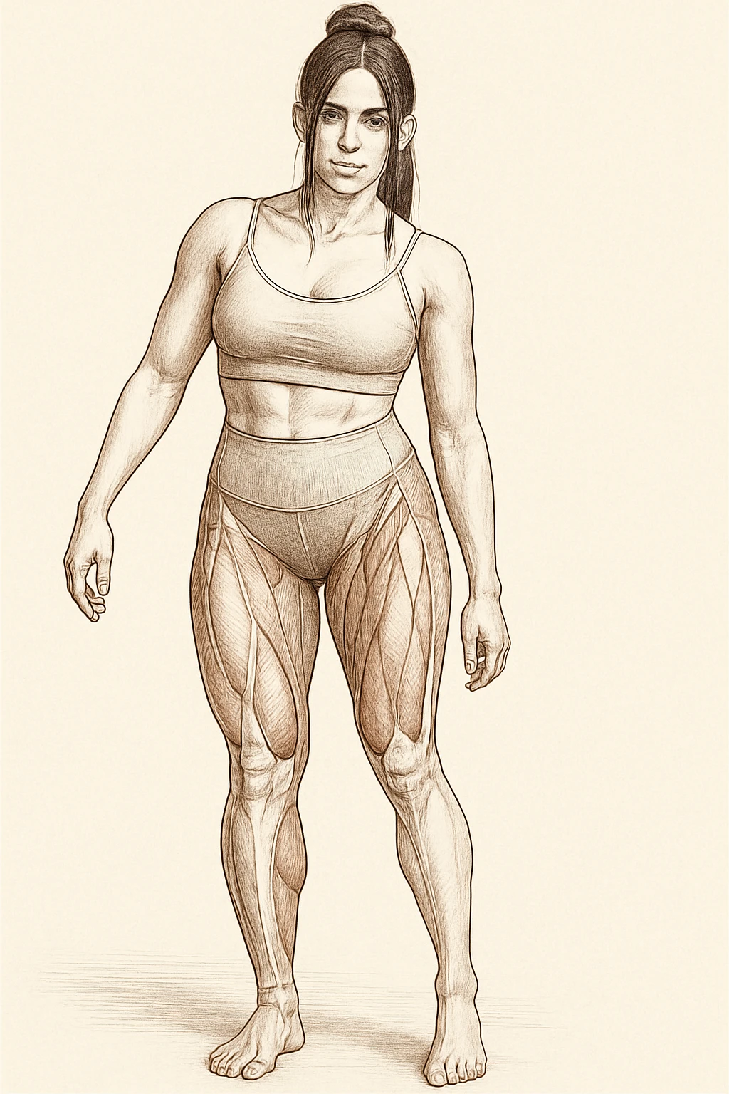 Anatomical style illustration inspired by the photo showing one leg visibly smaller and less hypertrophic than the other, highlighting the muscular difference between the legs, anatomical style, variant 5. emoji