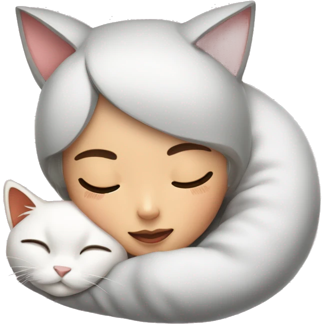 a super cute cat is sleeping above an asia girl head emoji