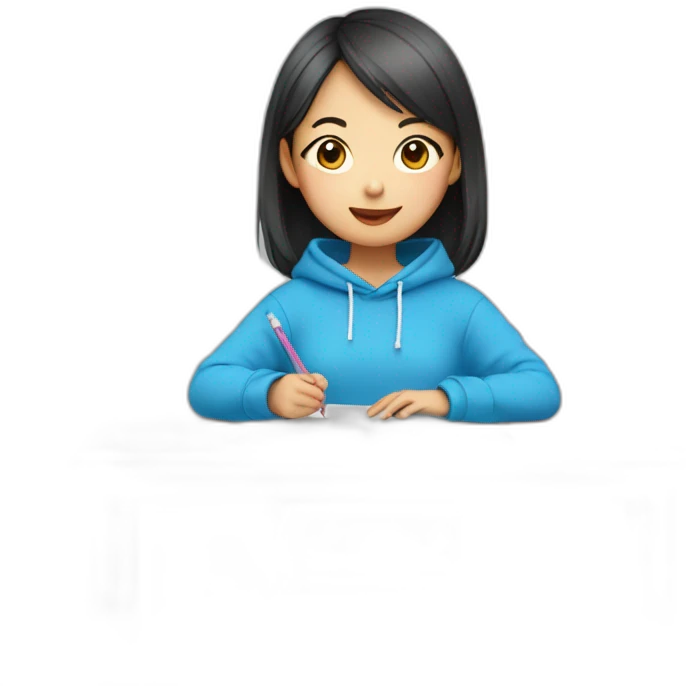 Cute asian girl doing lessons in a blue sweatshirt emoji