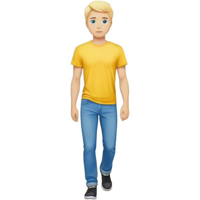 A cinematic realistic blond man with blue eyes, dressed in wide jeans and a yellow T-shirt, walks against a background of trees emoji