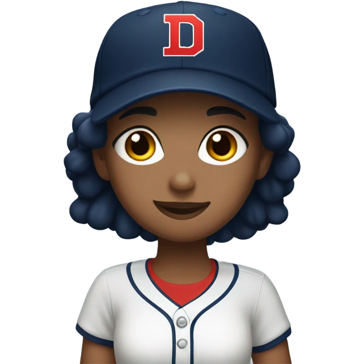 Dark hair girl who wearing navy ballcap emblazoned with a red D initial and wearing baseball uniform emoji