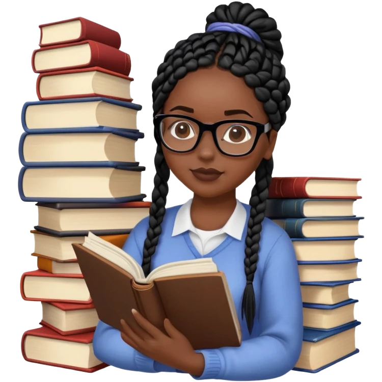 A dark-skinned Black woman with black box braids, wearing glasses, reading a textbook with a stack of books beside her. emoji