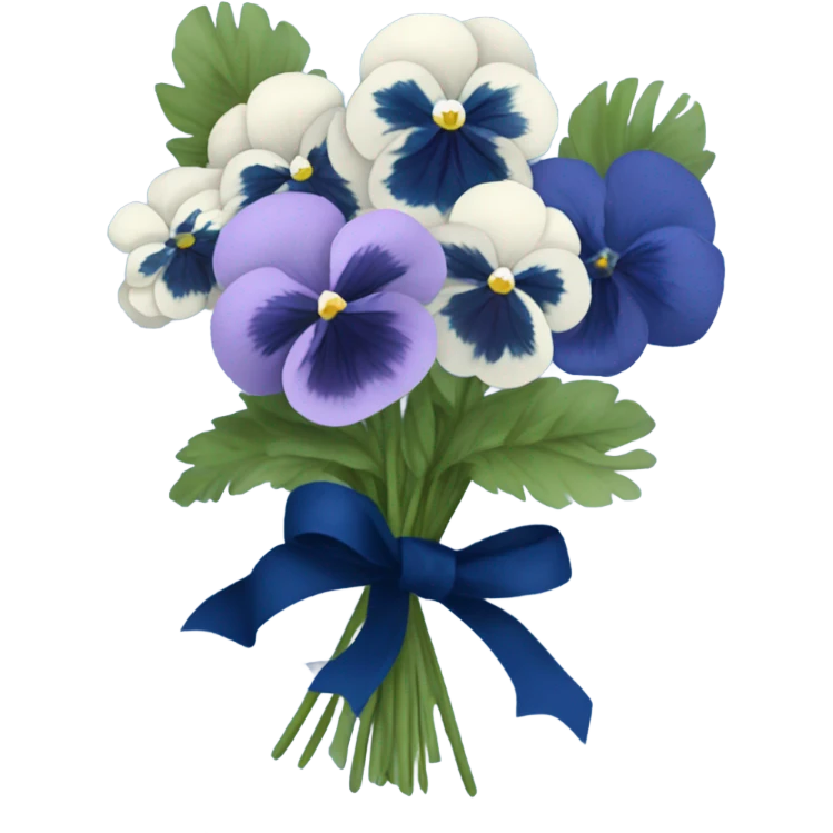 Bouquet composed of blue pansies, navy blue peonies tied with a blue ribbon and in the background navy blue butterflies and blue stars  emoji