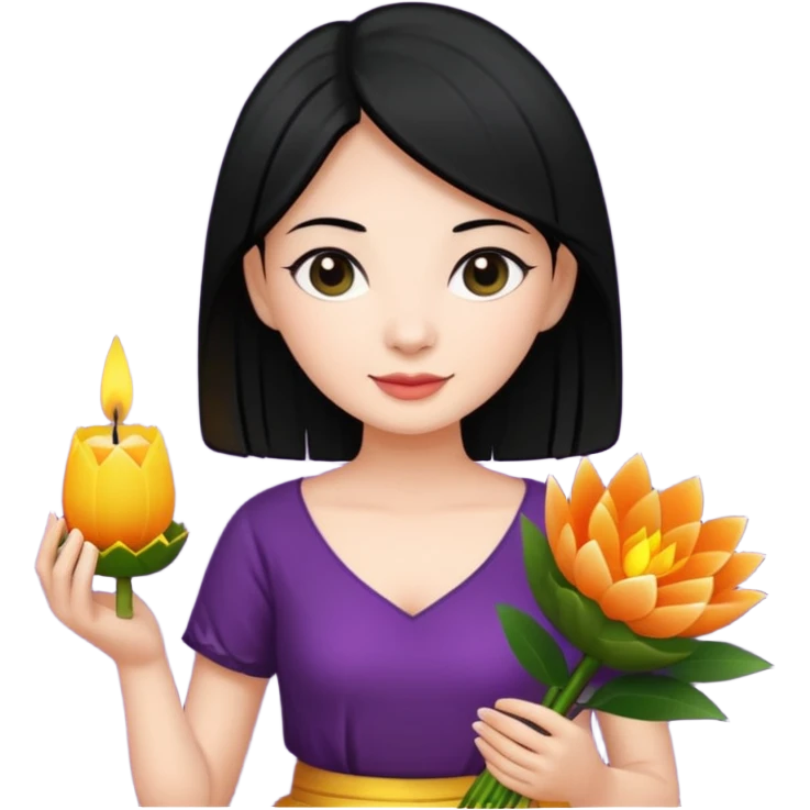 Emoji of a white woman with black hair holding a krathong emoji