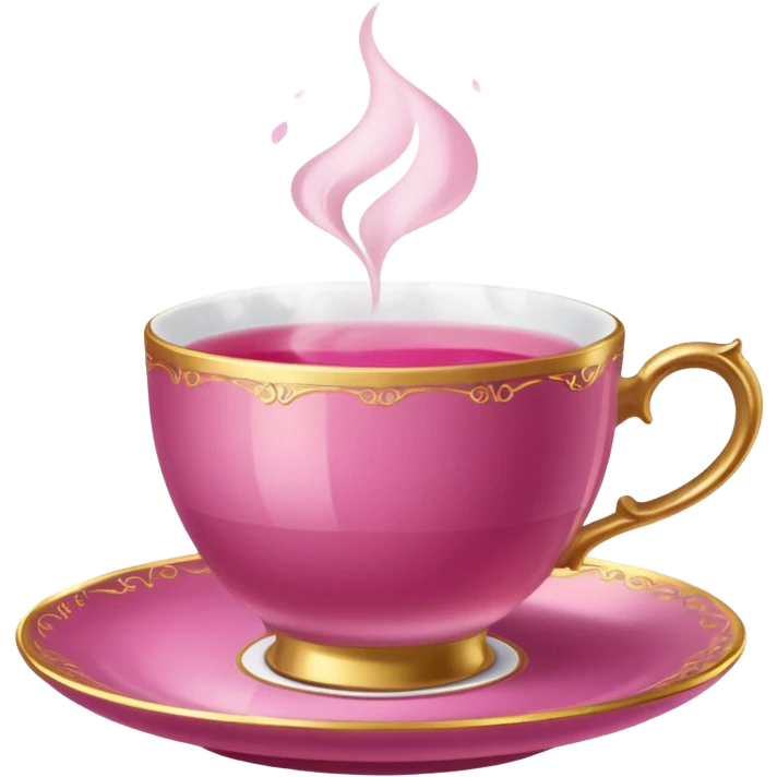 dark pink teacup, placed on a matching pink saucer, with gentle steam rising from the cup, golden details emoji