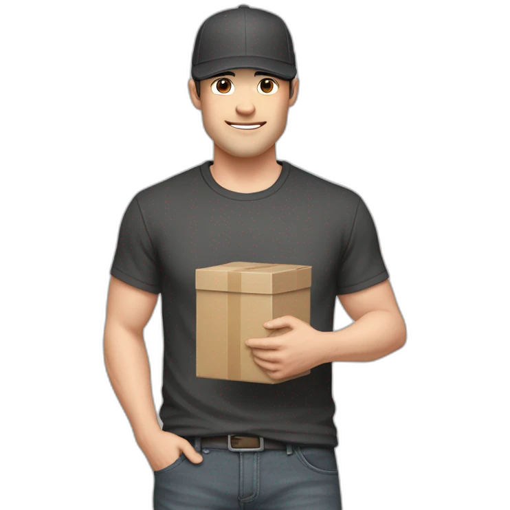 Pale skinned fit Man with dark brown hair in a black cap, gray jeans and brown polo T-shirt keeping a pasted with tape white box into his hands emoji