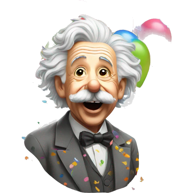 happy albert einstein with lots of colourful confetti and party balloons emoji