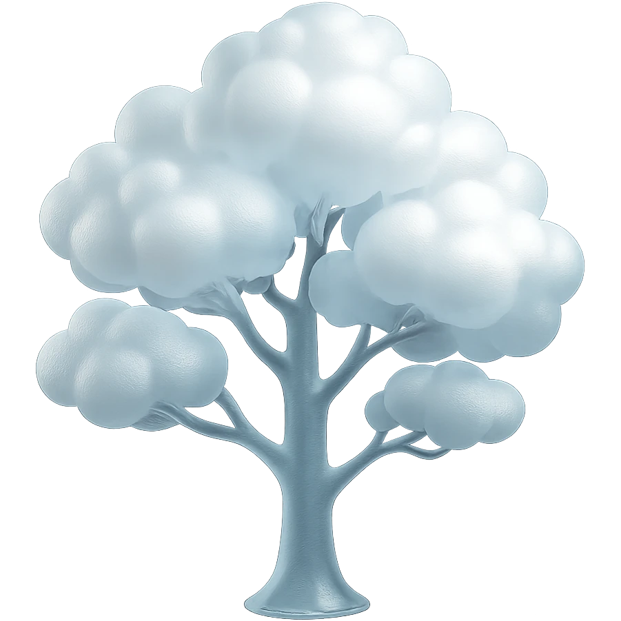 one tree with many branches and a white trunk, crown made of small very bright white fluffy convex clouds, matte glass style emoji