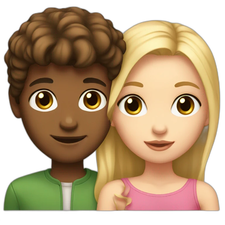 Girl with brown eyes and brown hair kisses boy with blonde hair and green eyes who looks like a model emoji