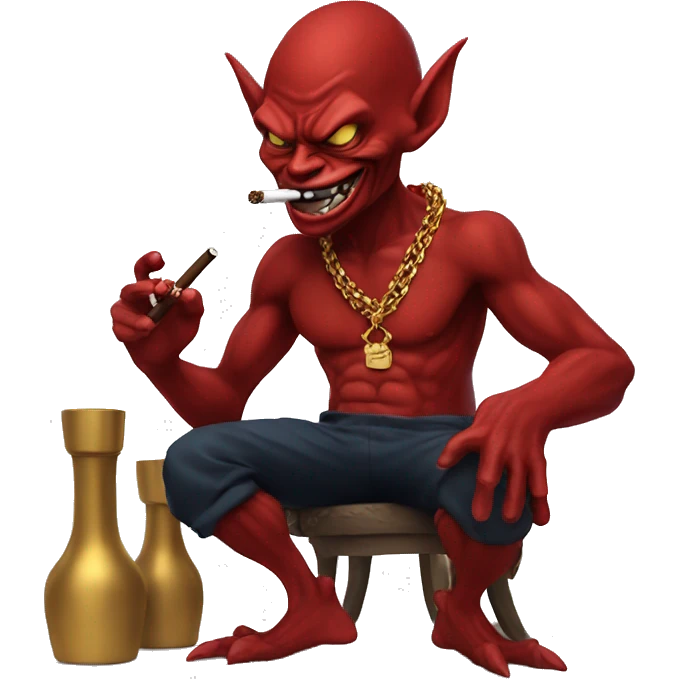 red goblin, wearing a gold chain while smoking a cigar at night emoji