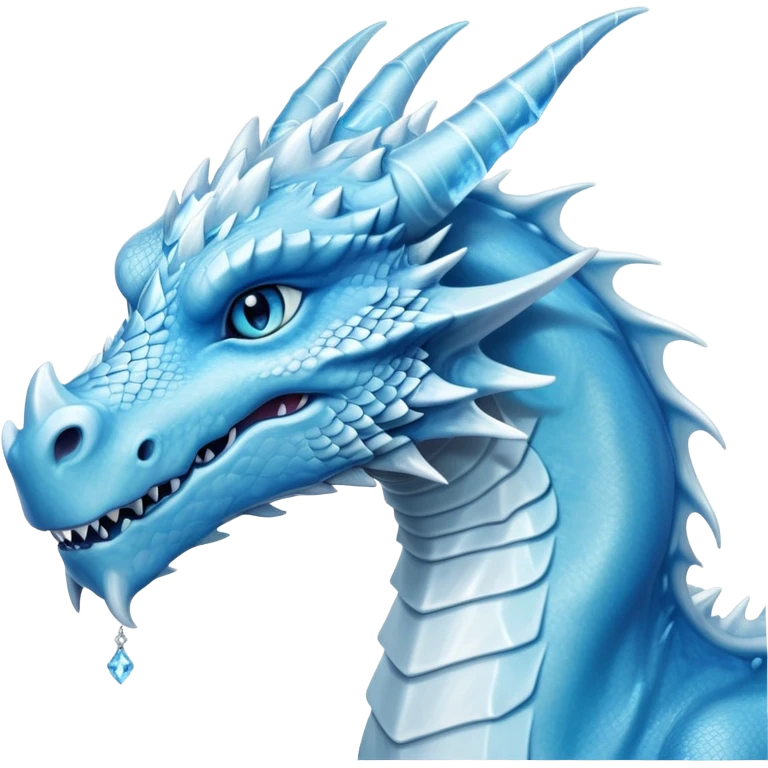 Cinematic wise elegant Ice Dragon Portrait Emoji, Poised and imposing, distinct long elegant snout, with a slender, scaled body shimmering in glacial hues of icy blue, frostbitten silver, and crystalline white, breathing out frost, with piercing, glowing ice blue white eyes that radiate the chilling depths of an arctic storm; rendered in detail. excuding wisdom emoji