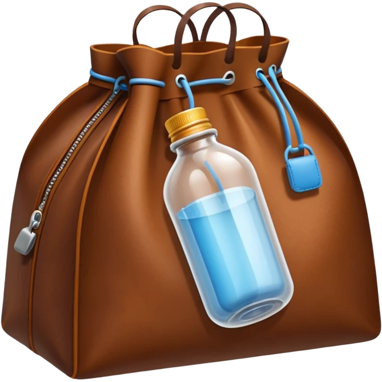 white transparent plastic bottles popping out of a leather brown bundle bag emoji