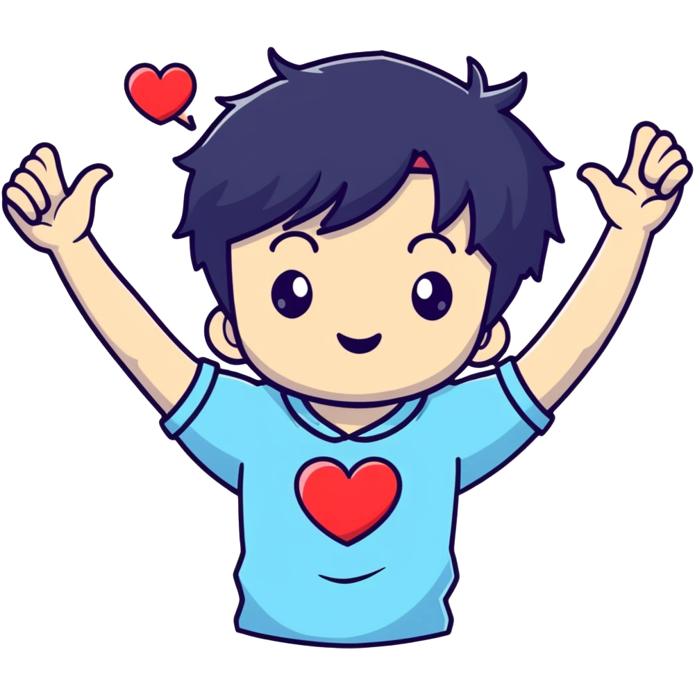 Black-haired male idol making a heart shape with his arms above his head, K-pop style emoji