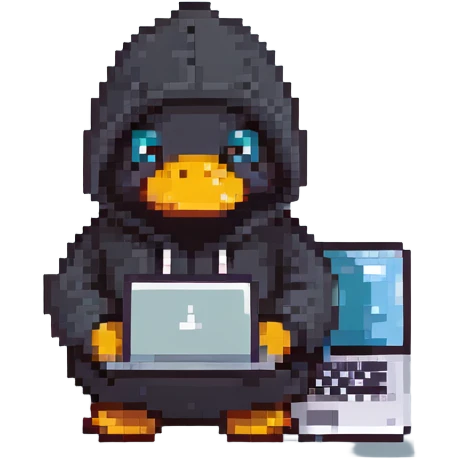 black rubber duck with tiny hoodie and a laptop, hacker emoji