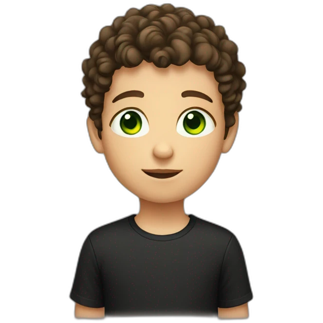Young boy with short brown curly hair and black tee shirt and green eyes emoji