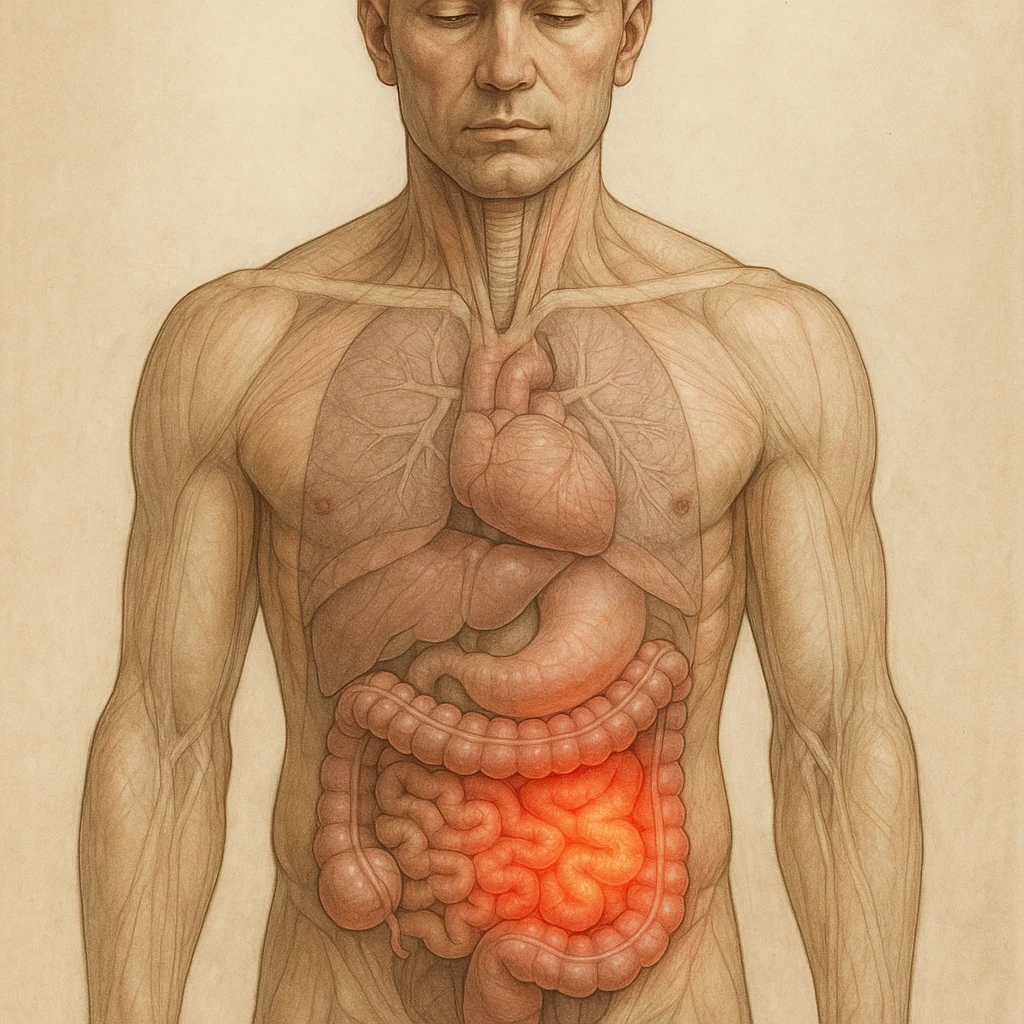 realistic anatomical illustration of human body with inflamed intestine, front view, inflammation with glowing red effect, vertical 9:16 format emoji