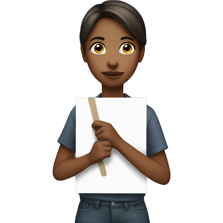 A girl holding placard with "why?" written on it emoji