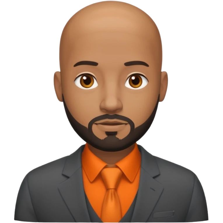 headshot of a sophisticated, stylish, bald head, small eyes Caribbean black man with a beard and goatee in a dark gray suit and orange shirt emoji