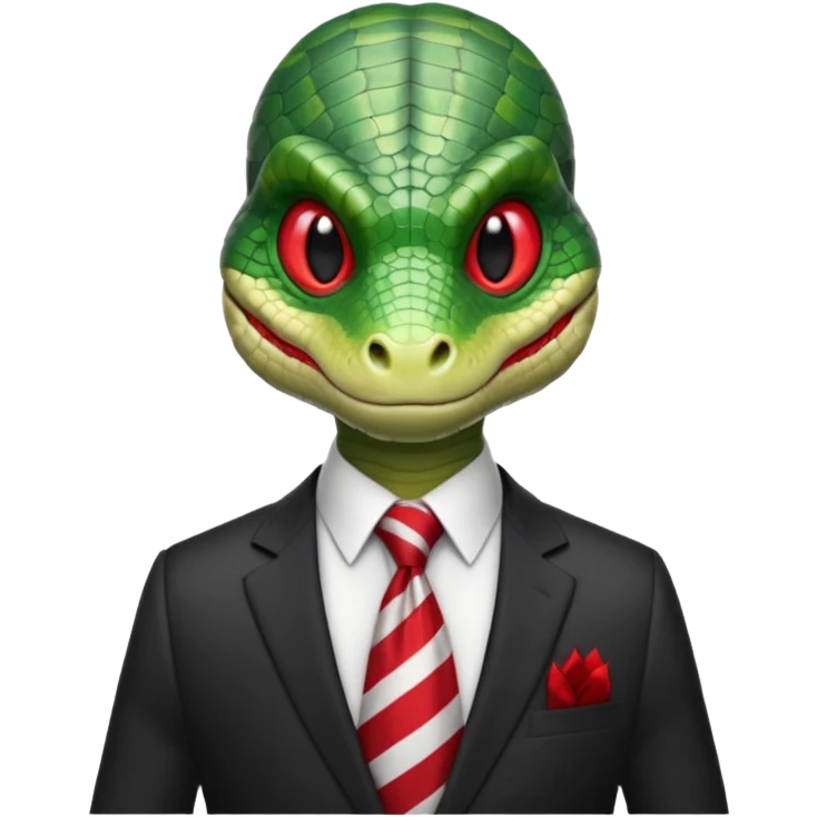 A green reptilian humanoid dressing a suit, striped red and white tie, human emoji style, his face is seriously, his eyes is similar to real viper snake eye emoji