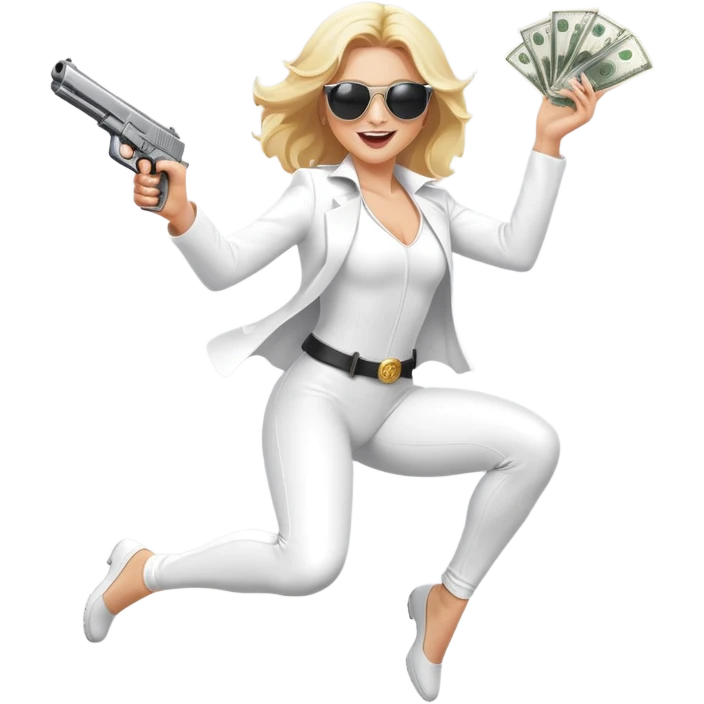 Mafia blondes woman Jumping for joy , in sunglasses, gun ,money , white costume  emoji