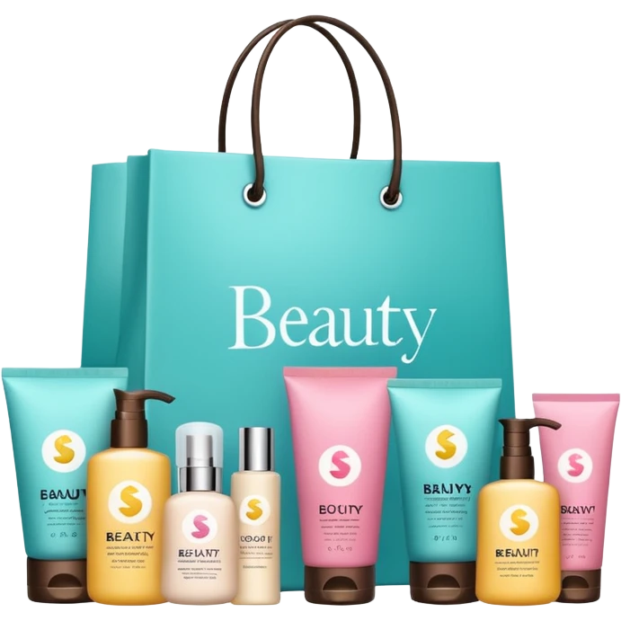 Gift bag with beauty products (shampoo, creams, styling products), a gift bag is beautyful open box with luxury brand-labeled beauty products standing nearby emoji
