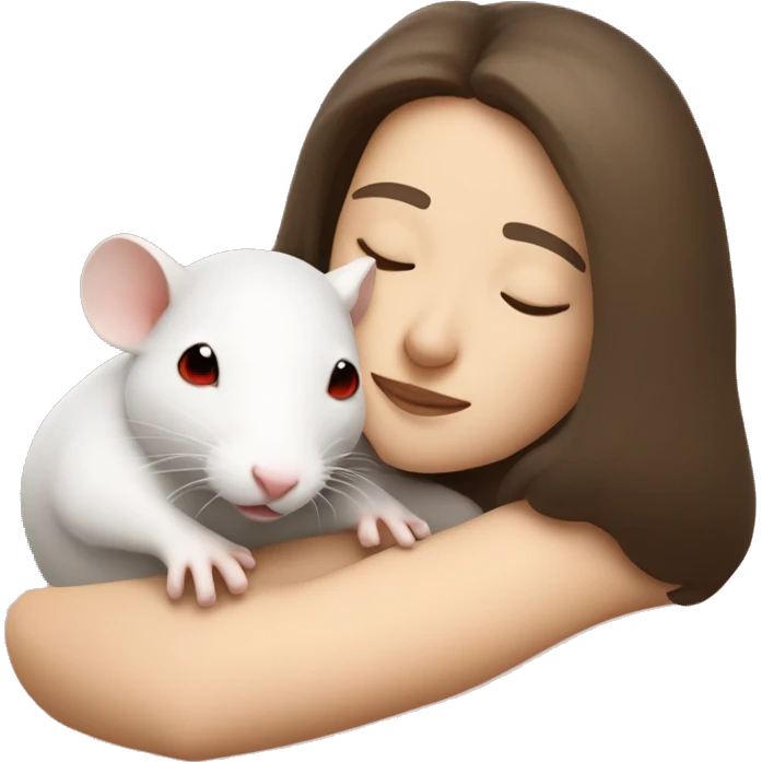 white brunette sleeping tan woman cuddling with one tiny white rat with red eyes emoji