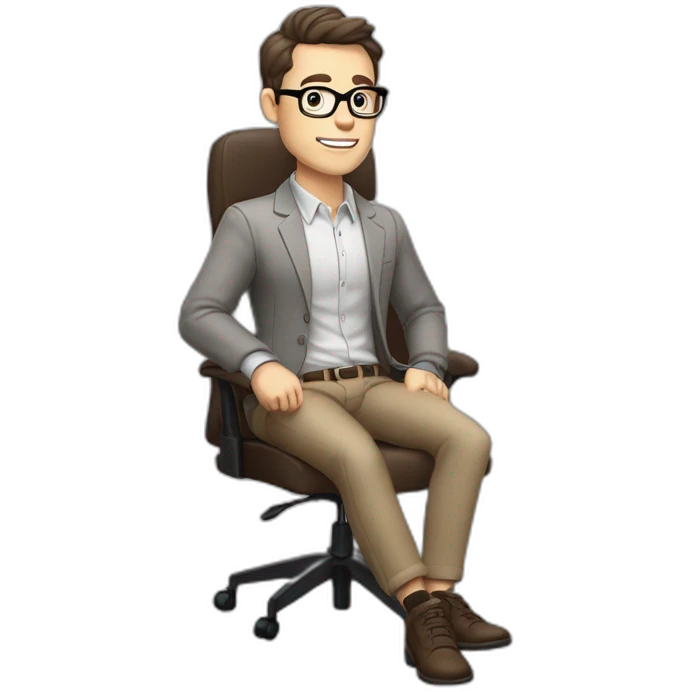 😝 Pale skinned Fit Man With dark brown hair in gray jacket, beige office shirt, Brown pants and vintage glasses sitting In a soft chair with a notebook and a pen emoji