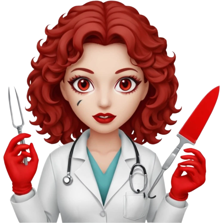 Scary woman scalpel in hand, evil surgeon sexy surgeon clothes.  She has red eyes. Her  brown long curly hair. Wears sexy doctor outfit with red gloves. make her hair free and brown but she  wear mouth cover   to hide. Wears white surgeon jacket and emoji