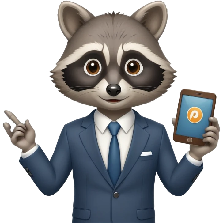 business raccoon in suit giving a PowerPoint presentation emoji