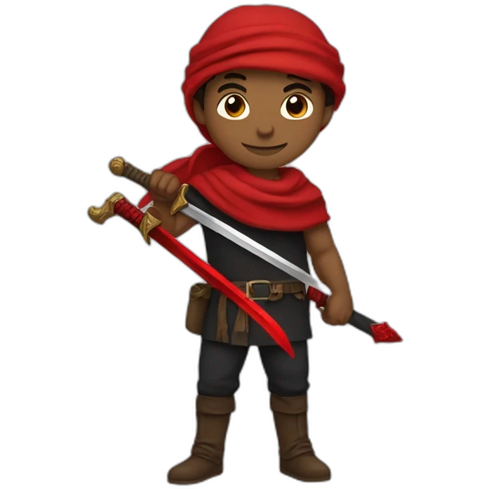 A brown man carries a red sword, wears clothes stained with red blood, has two horns on his head, wears a black scarf, and the color of his sword is black and red. emoji