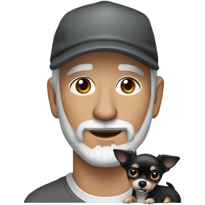 Older man blue eyes gray hair gray goatee in ball cap holding black longhair chihuahua  emoji