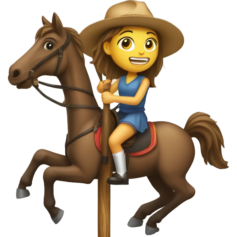 Girl riding on a wooden stick as a horse  emoji