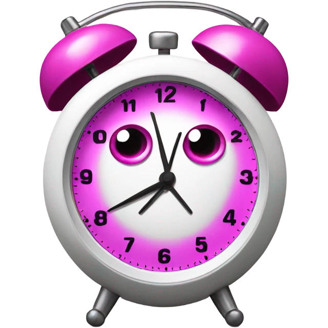 A fucsia alarm clock with eyes and a white dial emoji