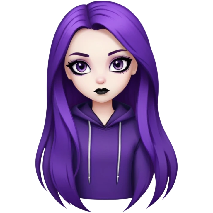 emo alternativ purple long hair, pale skin,  brown iris, pretty bratz baddie, strong black eyeliner emoji