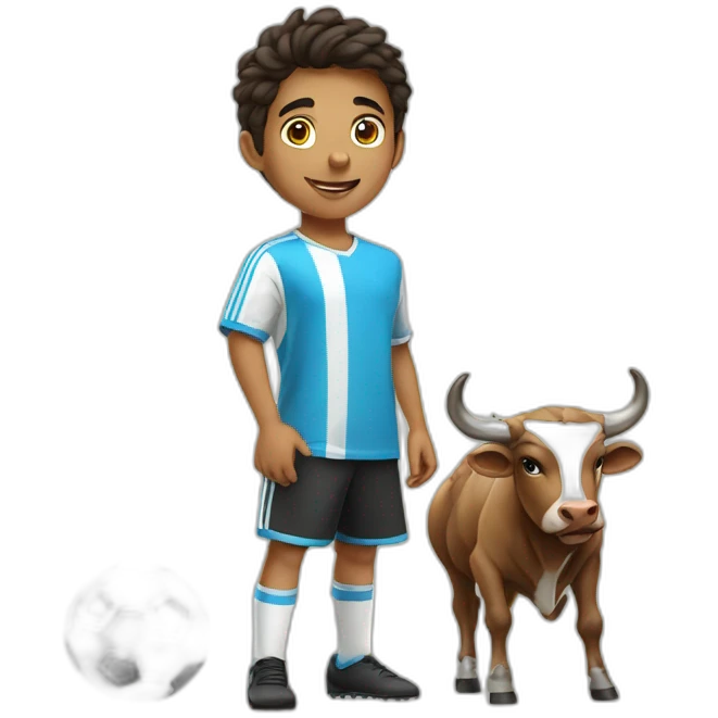 Arab boy playing soccer, a bull stand beside him emoji